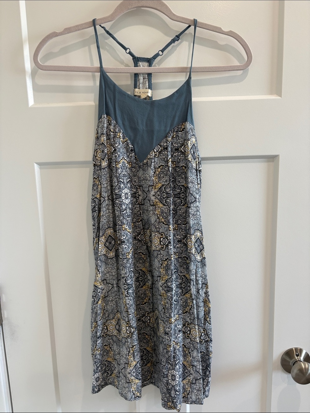 La Hearts Teal Yoke Printed Mini Dress with Gray and Gold Pattern